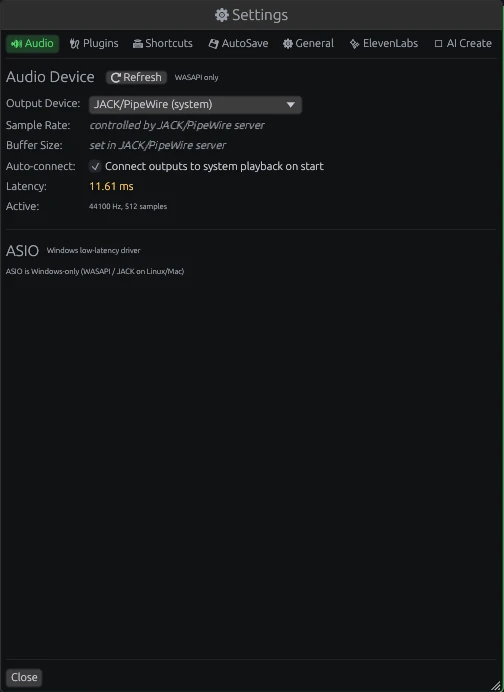 OMNi DAW Settings Panel