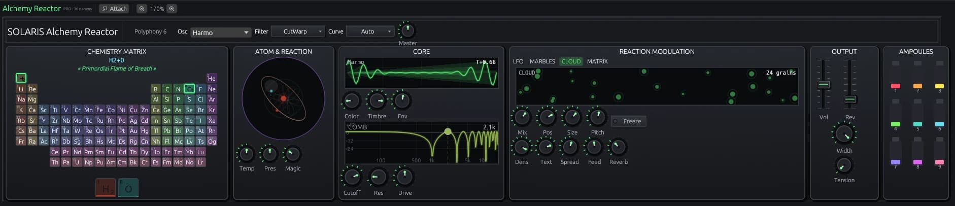 Alchemy synthesizer panel with periodic-table element selection