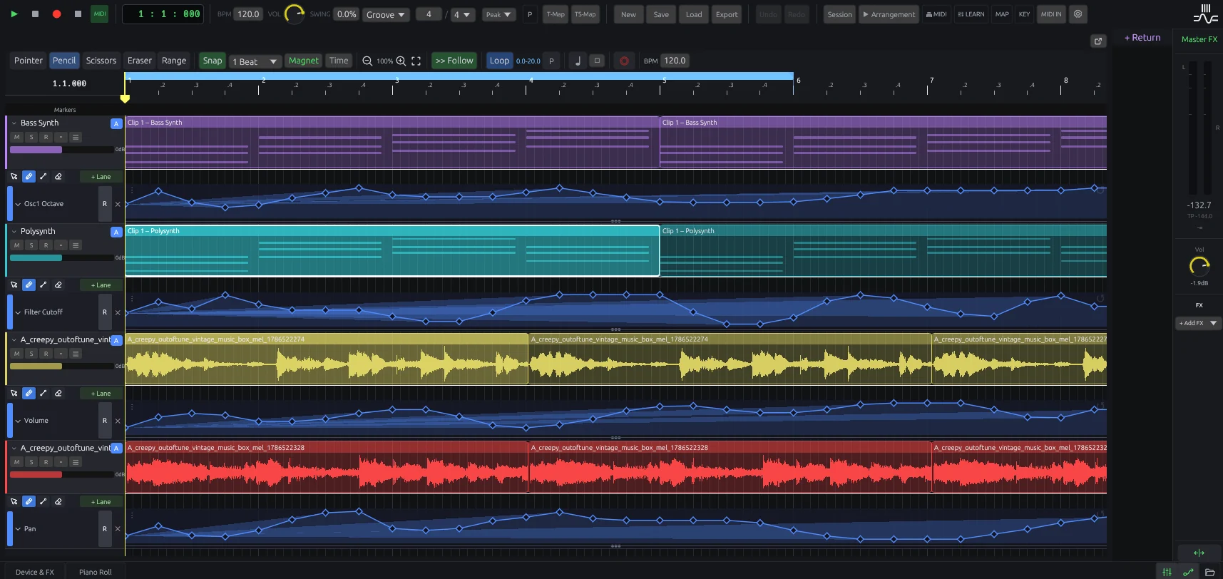 OMNi arrangement timeline with audio and MIDI clips and automation lanes