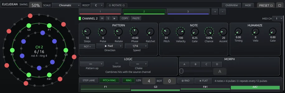 Euclidean polyrhythm matrix with ring display, pattern, note and humanize controls