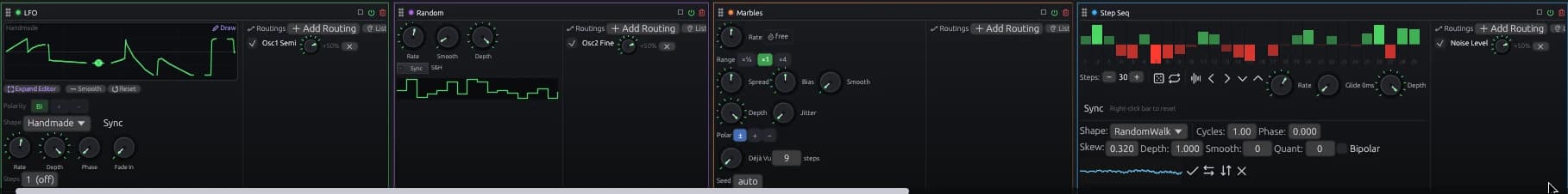 OMNi modulator drawer with LFO, Marbles and Lorenz modules
