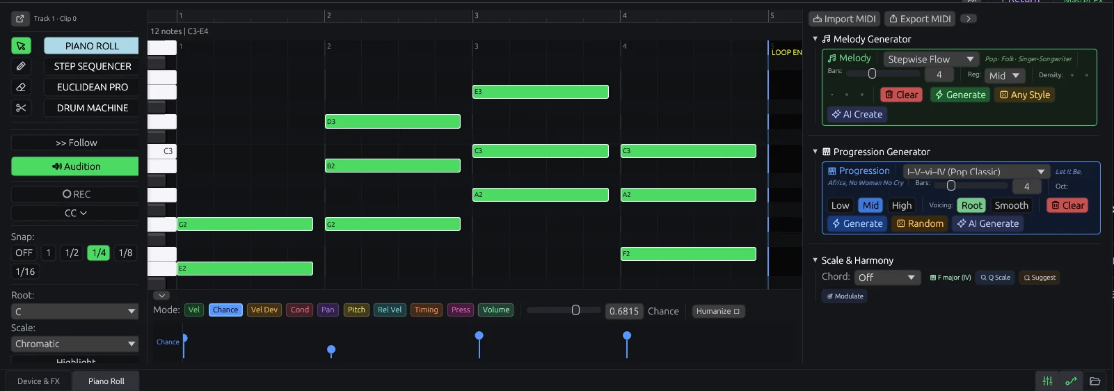 Scale-aware piano roll with chance lane, melody and progression generators
