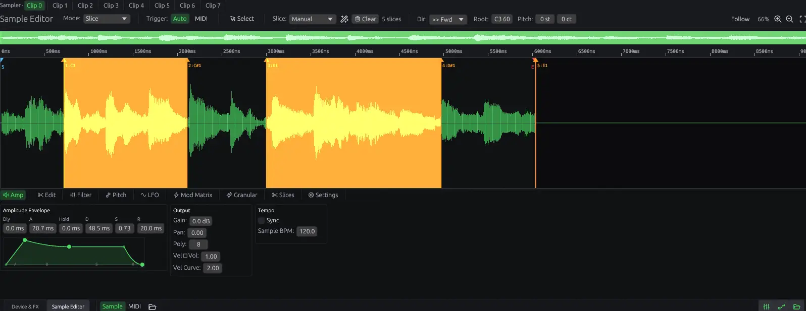 OMNi sampler with waveform, slice markers and per-voice filter
