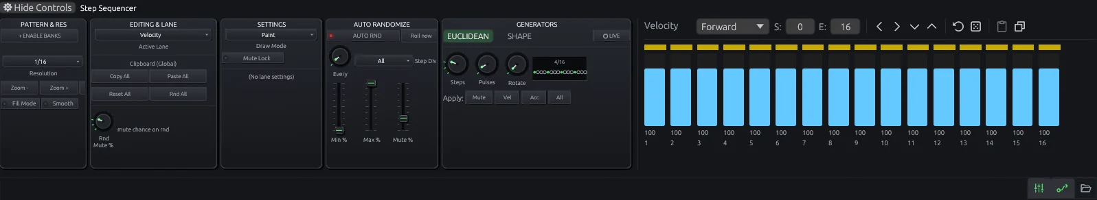 64-step sequencer with velocity lane, auto-randomize and Euclidean generator