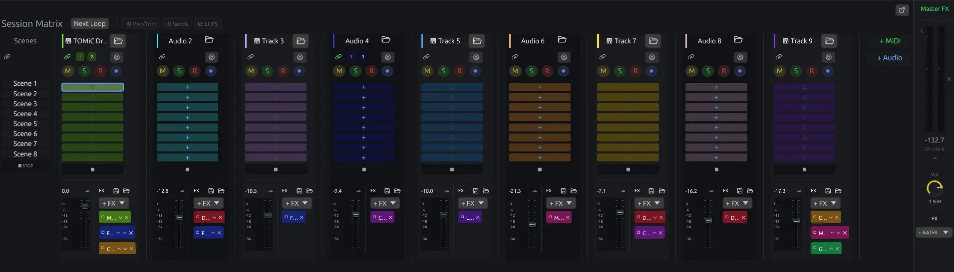 OMNi session matrix with coloured clips across tracks and scenes