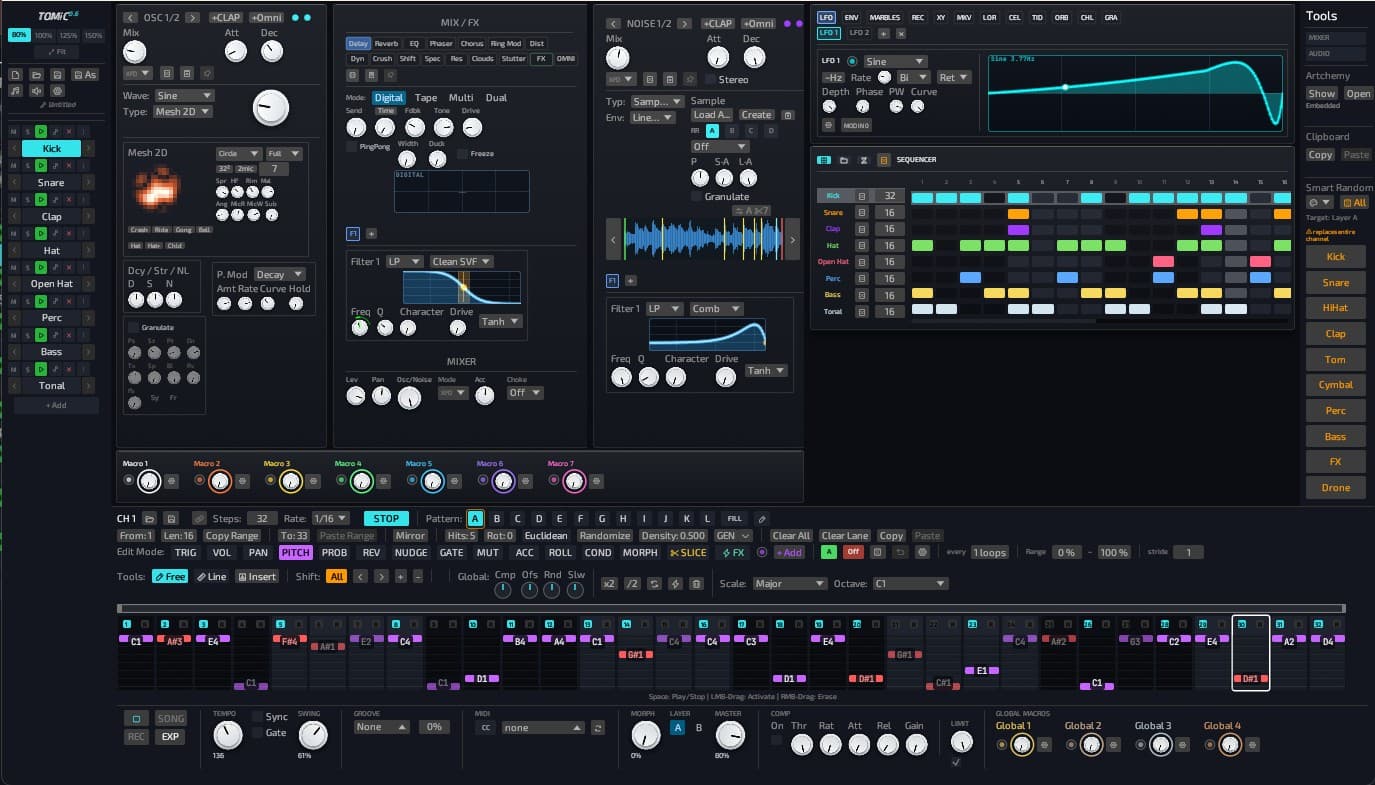 TOMiC 0.6 workstation: channel list, dual oscillator and noise panels, LFO visualiser, 64-step sequencer and console