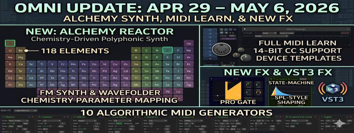 Alchemy Synth, MIDI Learn, Gate, Transient Shaper and VST3 FX — Omni Update Apr 29–May 6