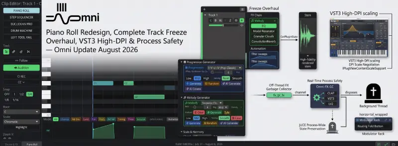 Piano Roll Redesign, Complete Track Freeze Overhaul, VST3 High-DPI & Process Safety — Omni Update August 2026