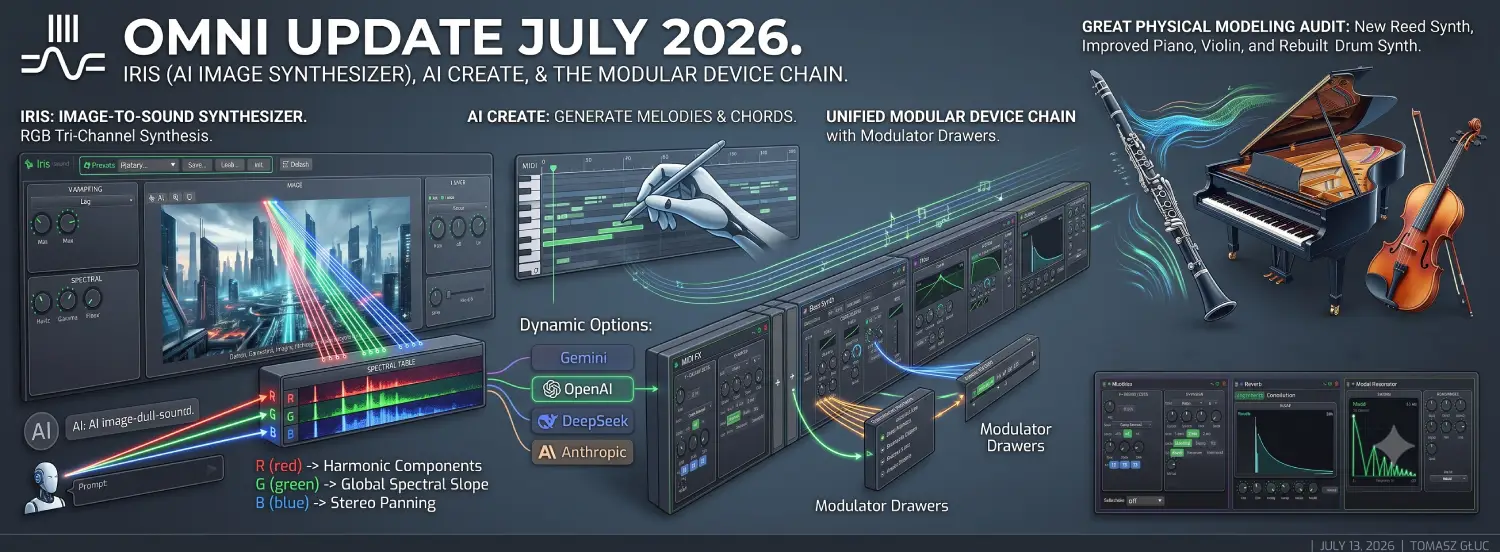 Iris (AI Image Synthesizer), AI Create, Device Chains and Great Instrument Audit — Omni Update July 2026