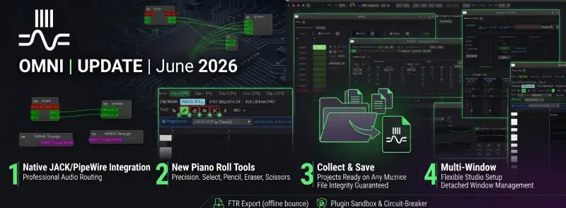 JACK/PipeWire, Professional Piano Roll Tools, Collect & Save and Multi-Window — Omni Update June 2026