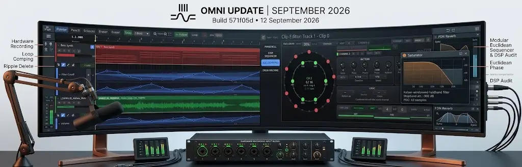 Hardware Audio Recording, Multi-Pass Takes Comping, Linear Ripple Editing, Euclidean Sequencer Overhaul & Deep FX/DSP Engine Audit — Omni Update September 2026