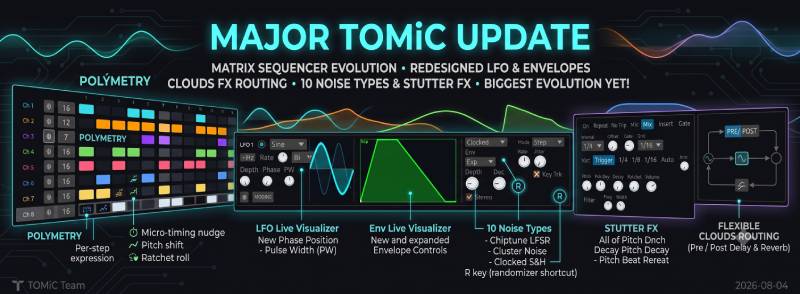 Major TOMiC Update: Matrix Sequencer Evolution, Redesigned LFO & Envelopes, Rate Modulation, Clouds FX Routing, 10 Noise Types & Stutter FX